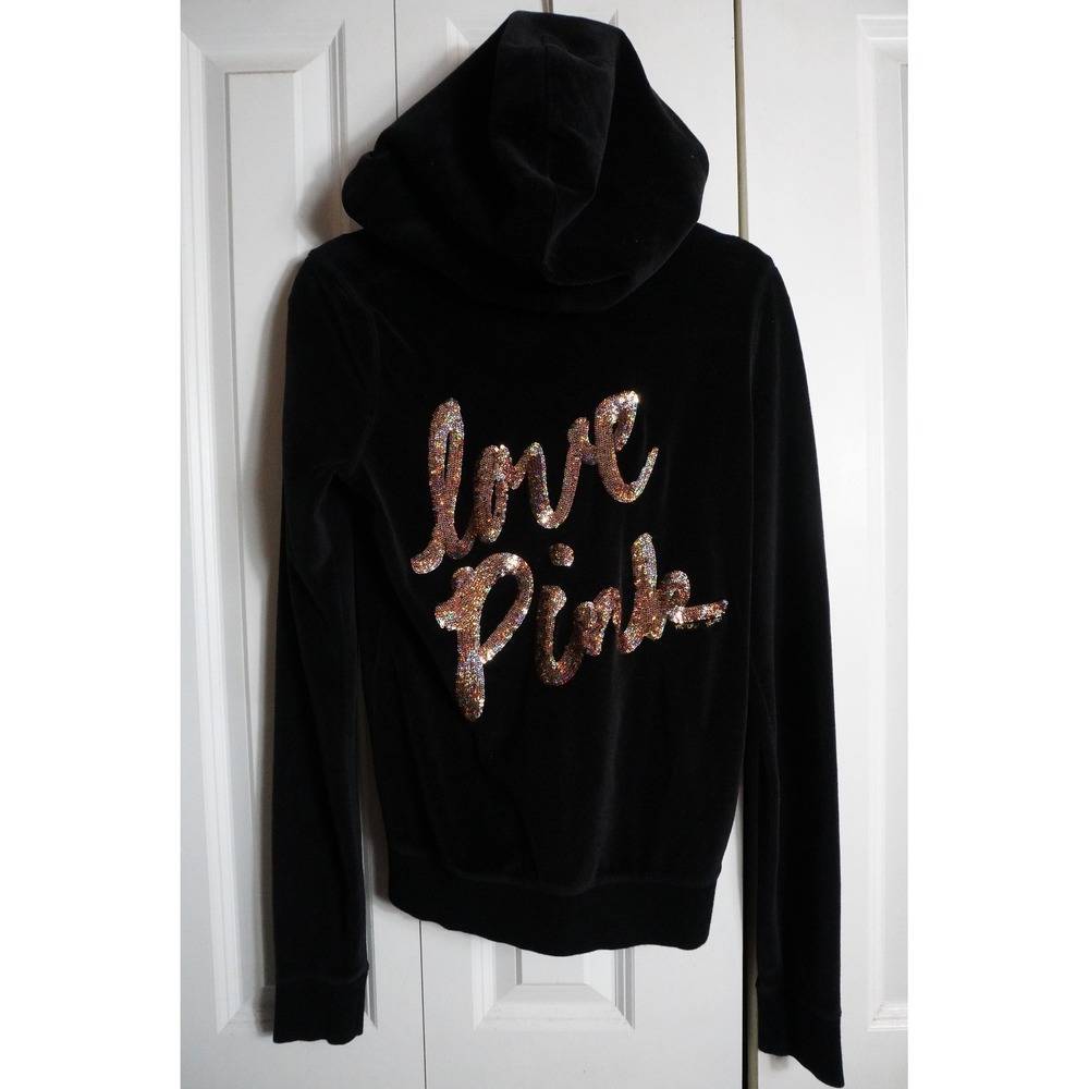 Pink Victoria's Secret Hoodie Small Velour Sequin Black Zip Up 2012 y2k mcbling